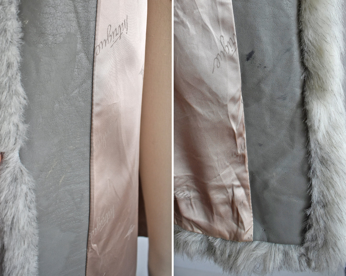 Side by side photos which show marks in the faux leather on the inside of the coat