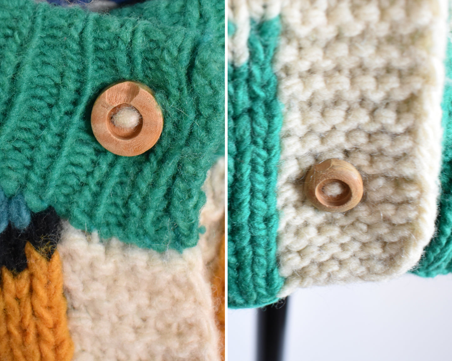 Side by side views of the top and bottom wood buttons that have chips in the wood.