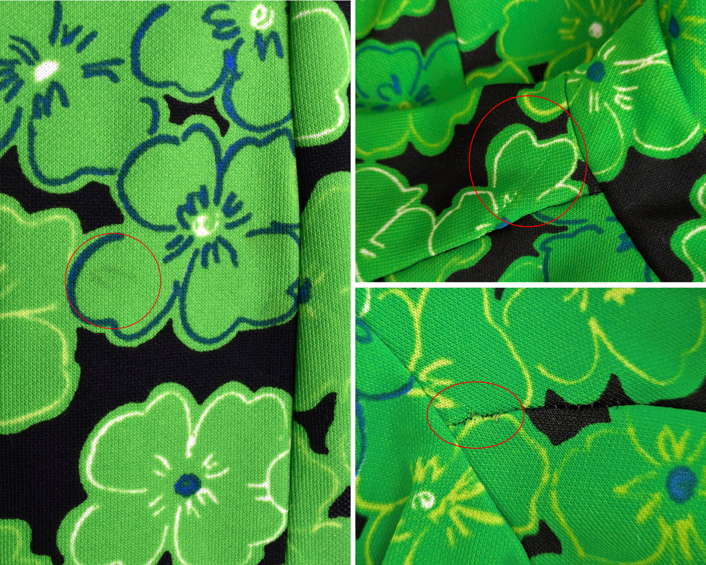a photo collage of a few small flaws which include a few small marks on the front near the hem, a run on the right shoulder, and a seam repair on the right near the sleeve