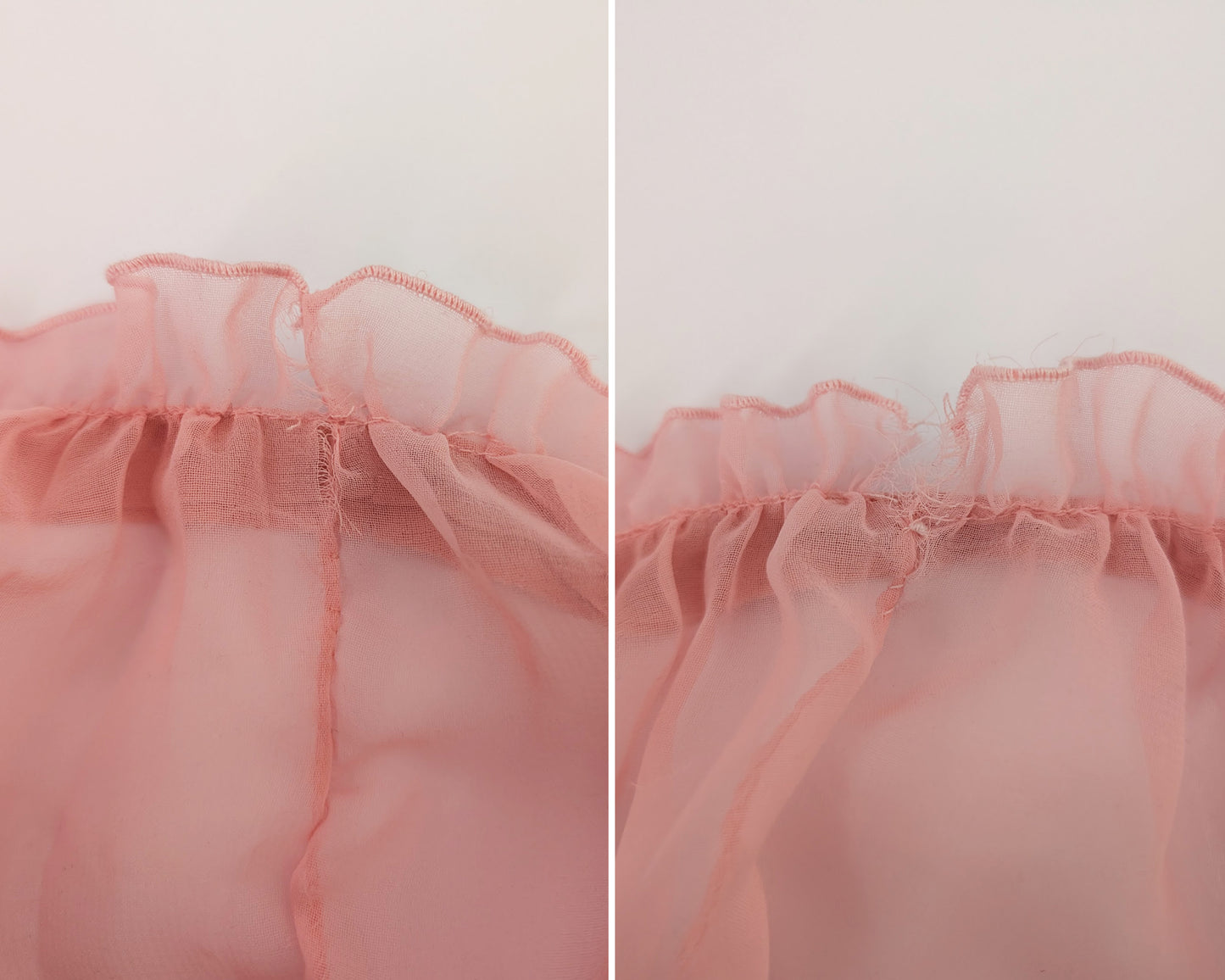 side by side small tears on the pink ruffled collar