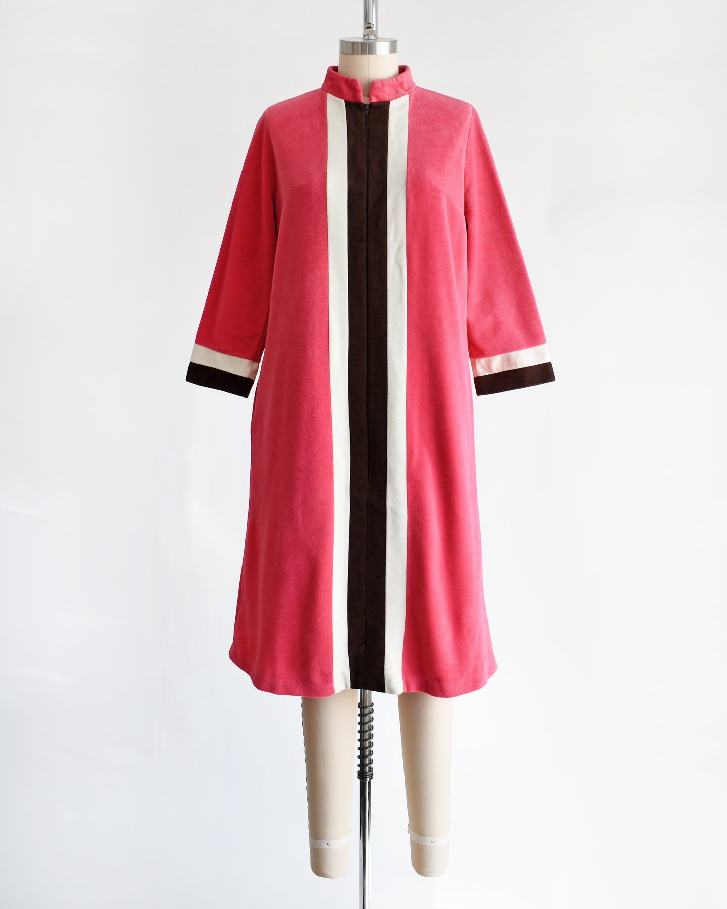 a vintage 1970s pink, white, and brown striped robe by Vanity Fair