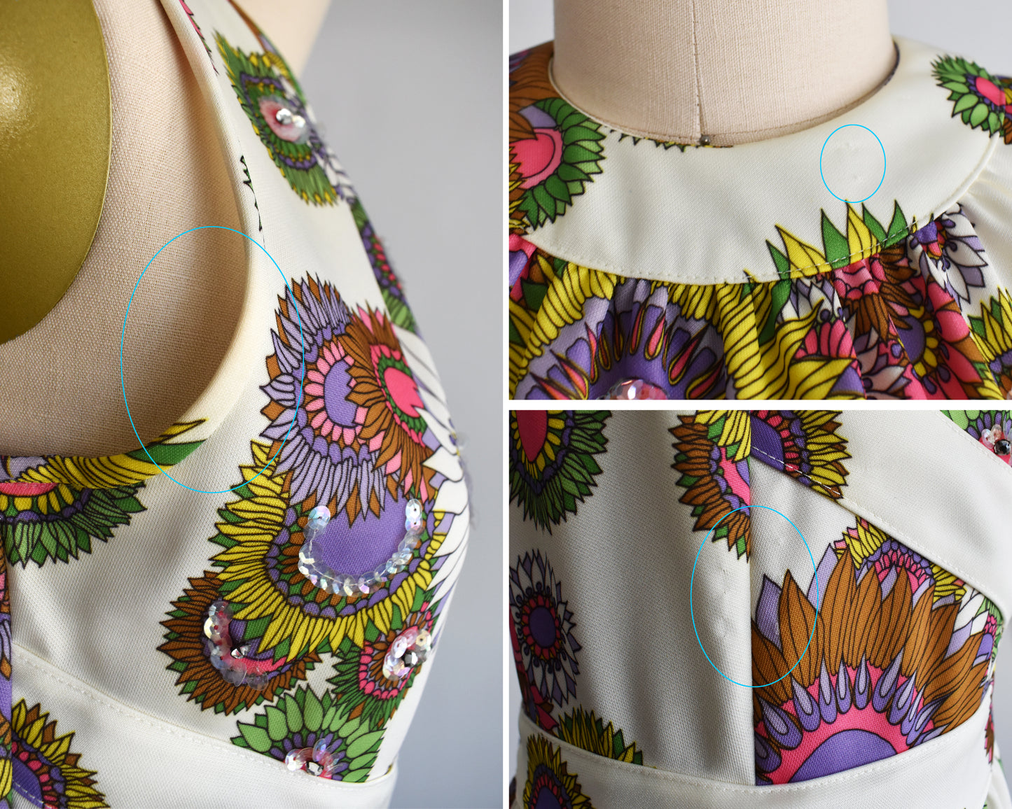 A photo collage that shows small flaws, like yellowing under the arms, and a few pin pricks