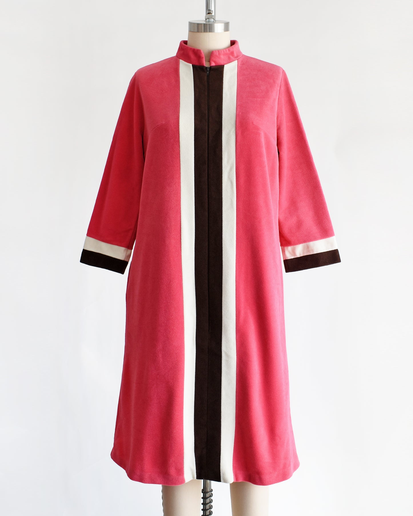 a vintage 1970s pink, white, and brown striped robe by Vanity Fair