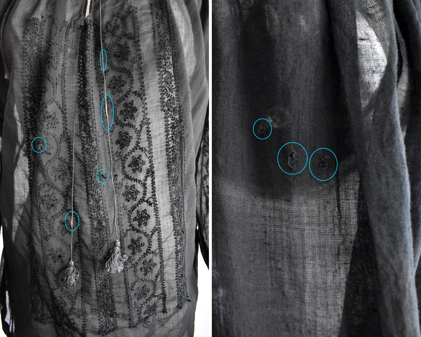 side by side photo collage of small flaws which include white spots on the drawstrings, some pulled threads on the embroidery, and three small holes on the right shoulder