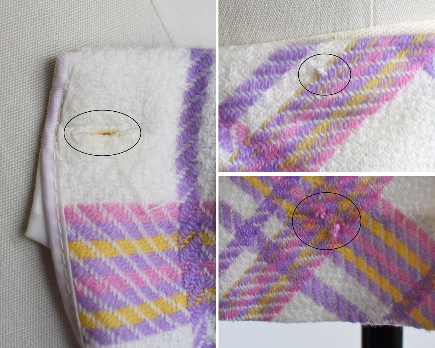 a photo collage showing small flaws such a discolored spot on the buttonhole and some small pulls on the skirt fabric