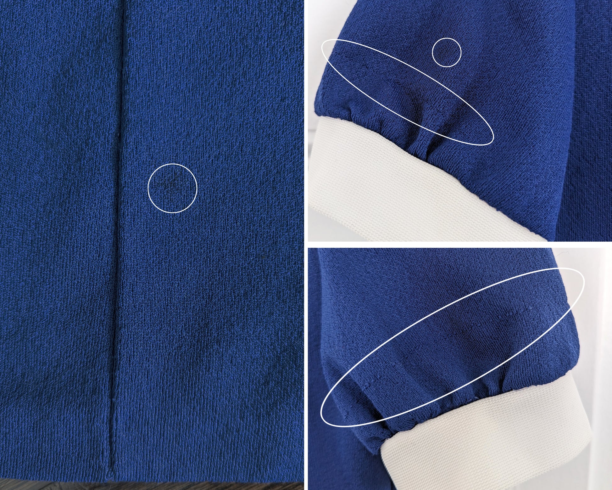 a collage of small flaws which show on the left, a dark spot on near the hem. the upper right shows a small dark spot on the cuff and pull in the fabric. the lower left shows the same sleeve with pull in the fabric.