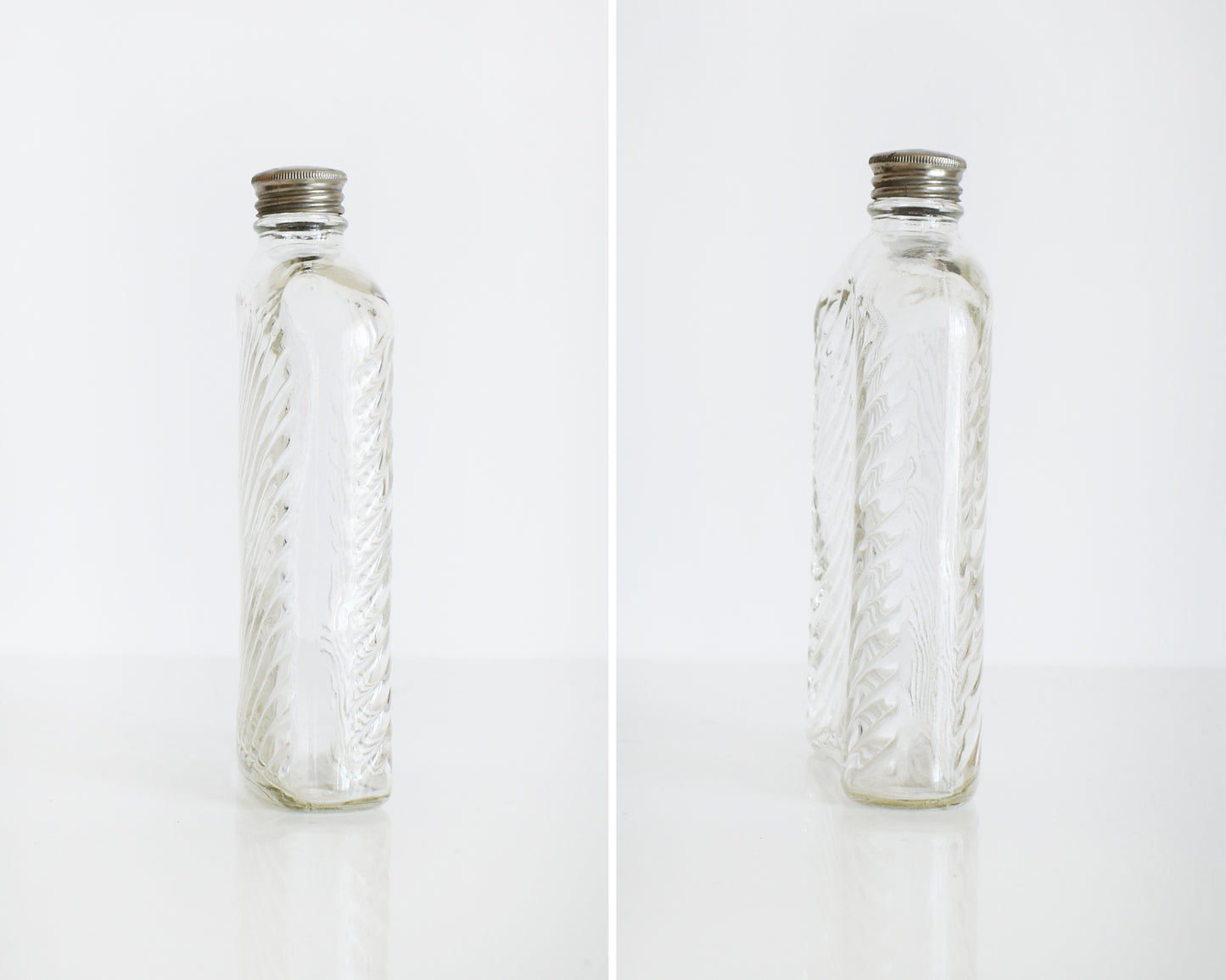 Side by side photos of the side view of a vintage glass flask that has a cut diamond pattern and a silver screw top. The flask is on a white table and a white background