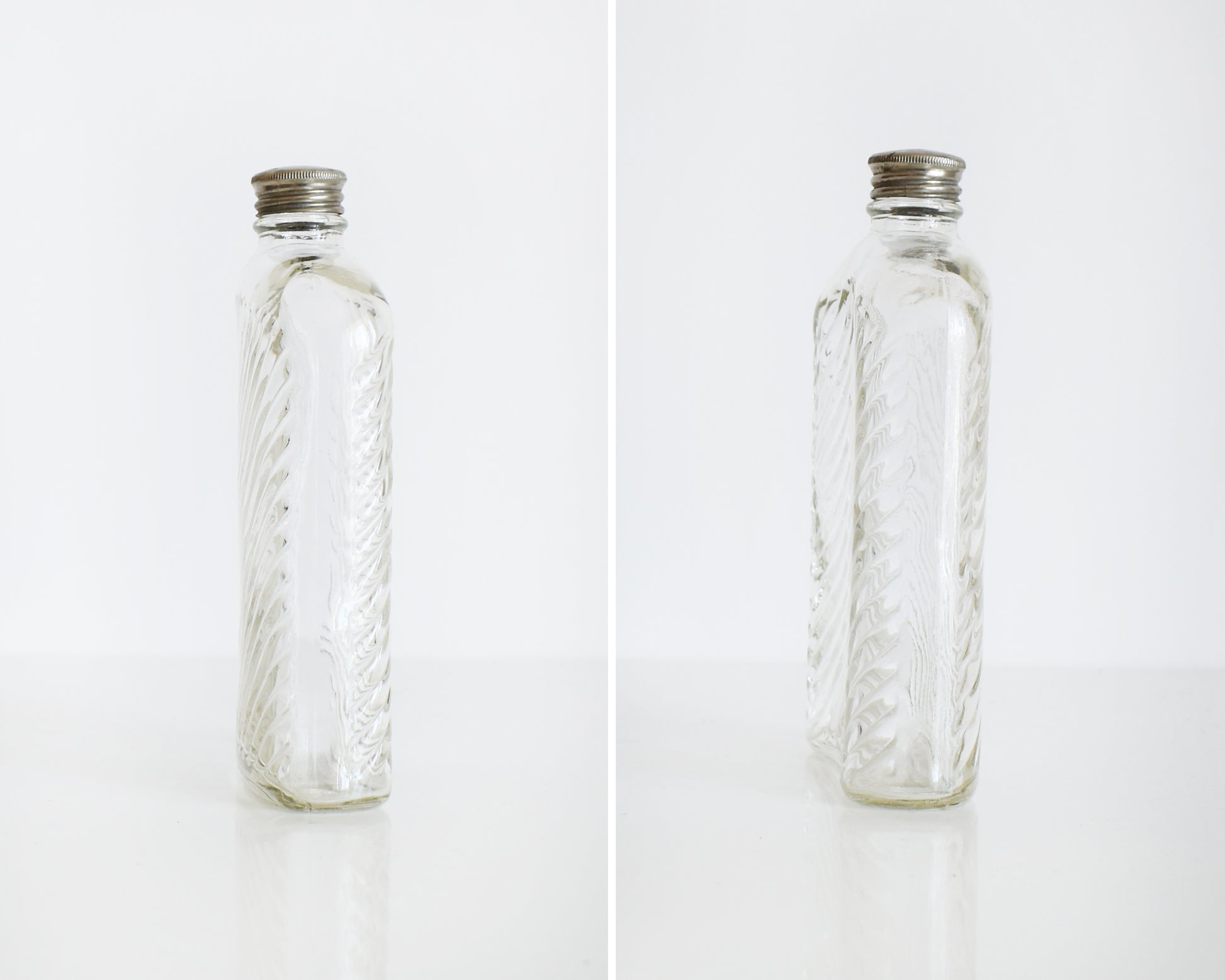 Side by side photos of the side view of a vintage glass flask that has a cut diamond pattern and a silver screw top. The flask is on a white table and a white background
