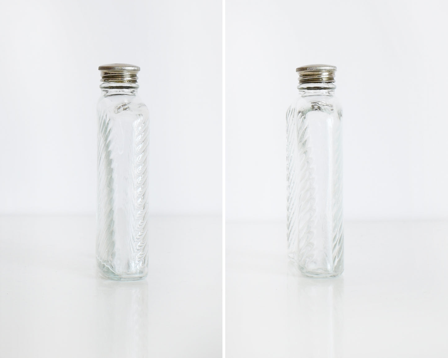 Side by side photos of the side view of a vintage glass flask that has a cut diamond pattern and a silver screw top. The flask is on a white table and a white background.