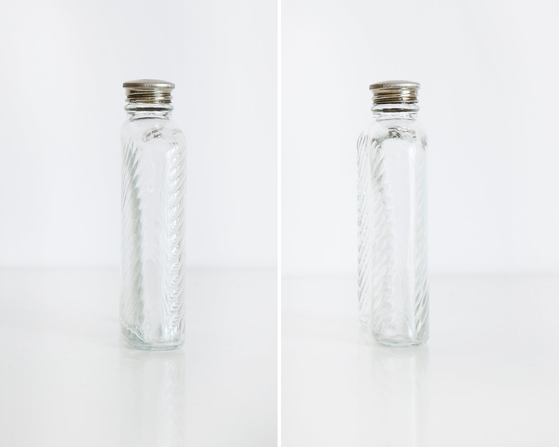 Side by side photos of the side view of a vintage glass flask that has a cut diamond pattern and a silver screw top. The flask is on a white table and a white background.