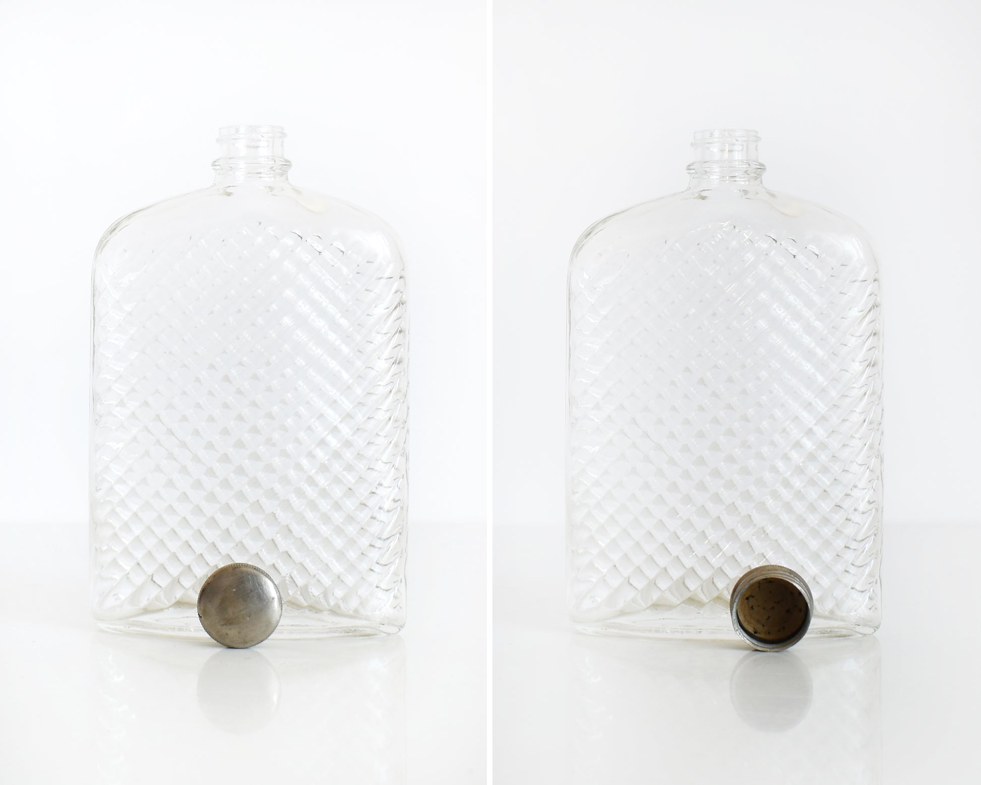 Side by side photos of the side view of a vintage glass flask that has a cut diamond pattern and a silver screw top. The flask is on a white table and a white background. The cap is off in this photo showing the top and inside