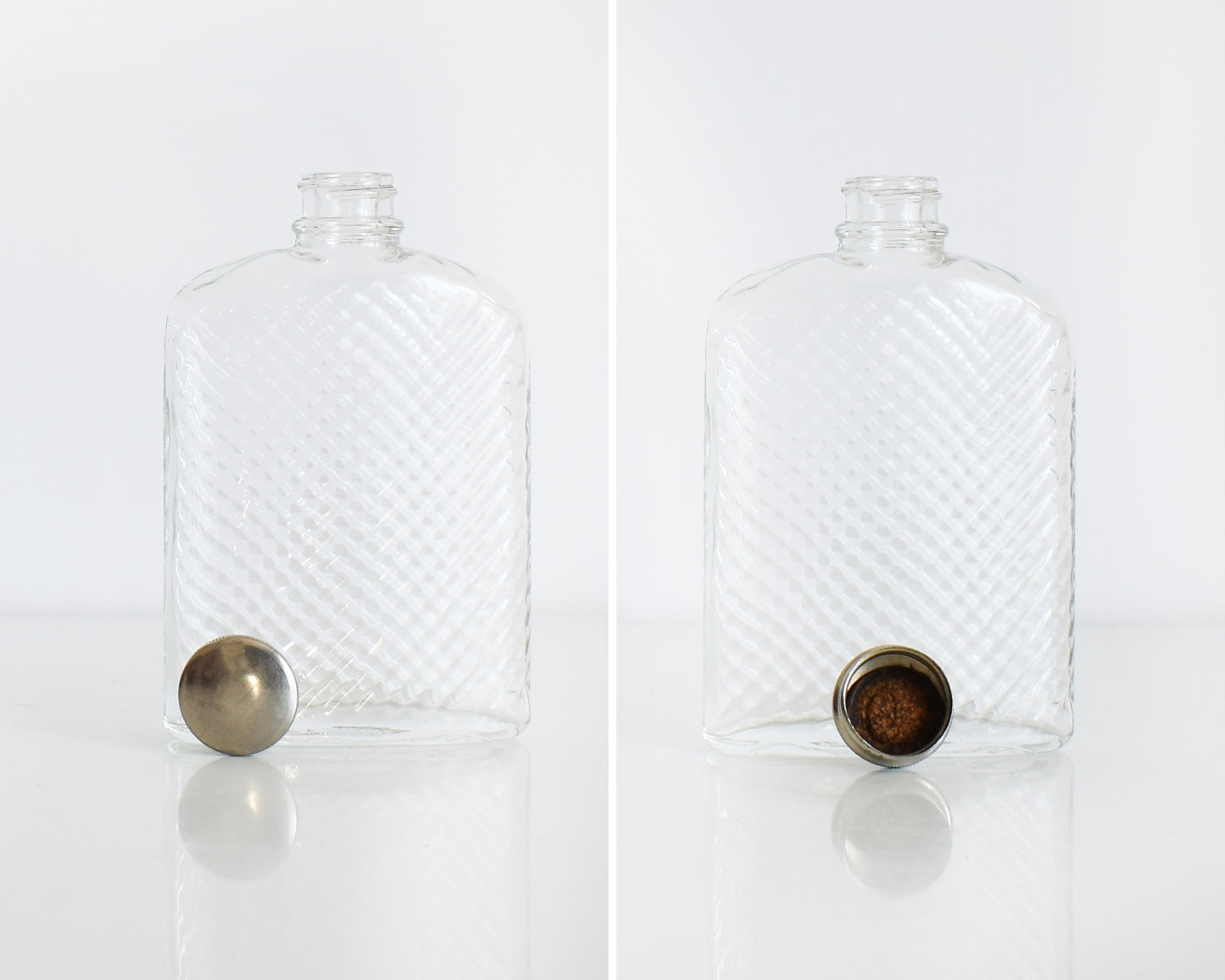 Side by side of the flask with the cap off. The left photo show the top of the cap and the right photo shows the cork inside.