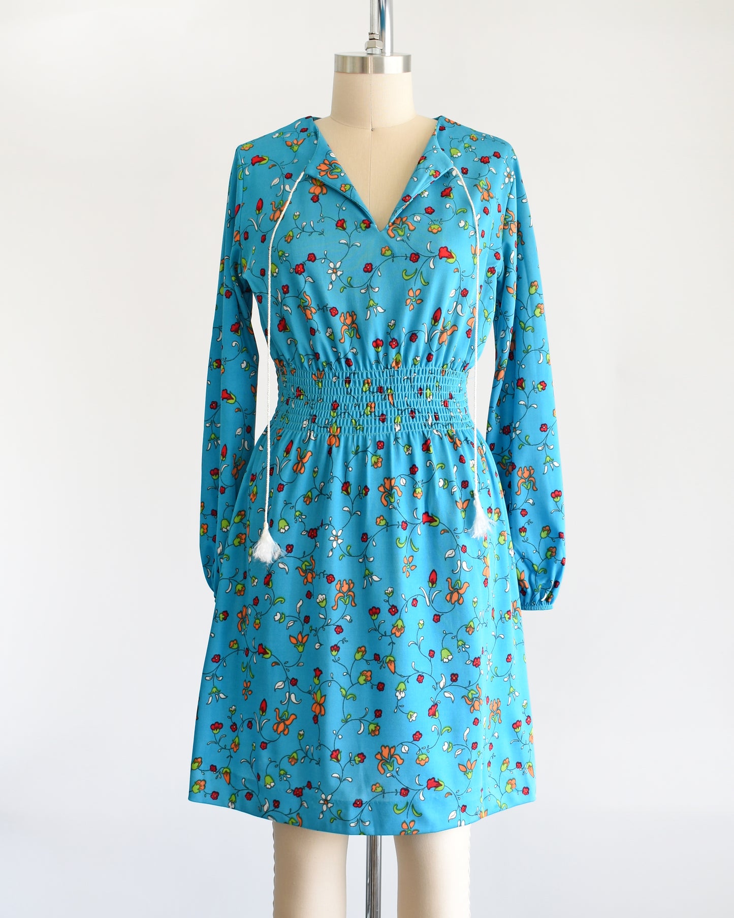 A vintage blue dress with a vine floral print with tassel neckline (which is untied in this photo), smocked waist, long sleeves, and a skirt that hits above the knees. The dress is modeled on a dress form.
