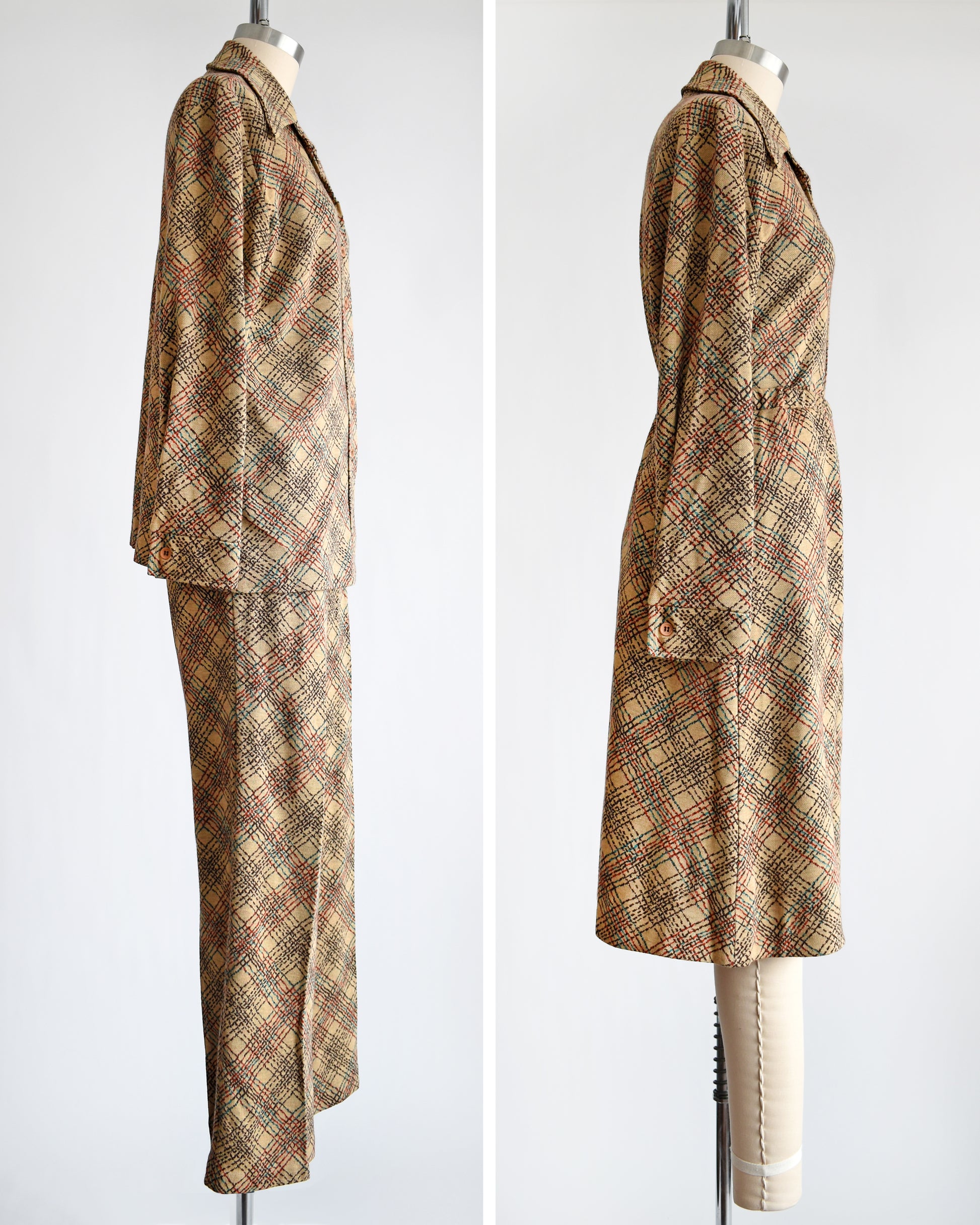 side by side views of  a vintage 1970s brown plaid three piece set that comes with a matching blouse, skirt, and pants