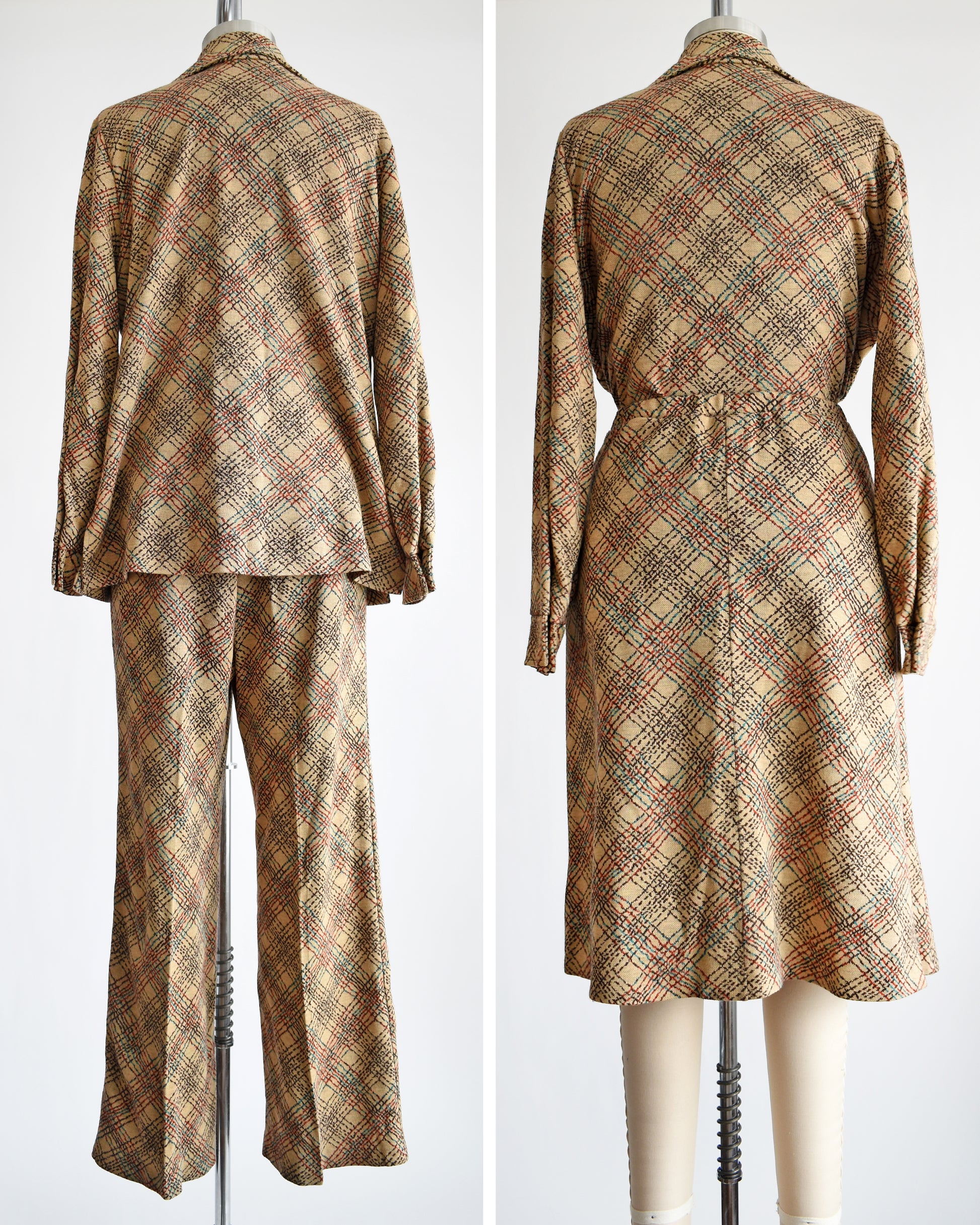 back views of a vintage 1970s brown plaid three piece set that comes with a matching blouse, skirt, and pants
