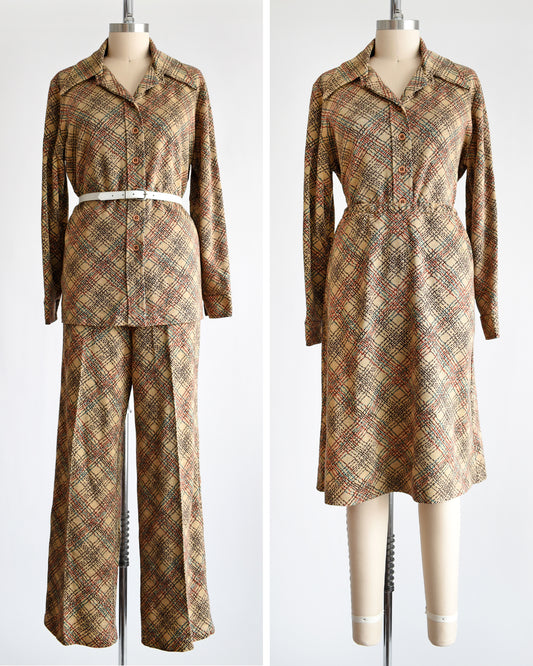 a vintage 1970s brown plaid three piece set that comes with a matching blouse, skirt, and pants. this photo shows the pants on one side and with the skirt on the other