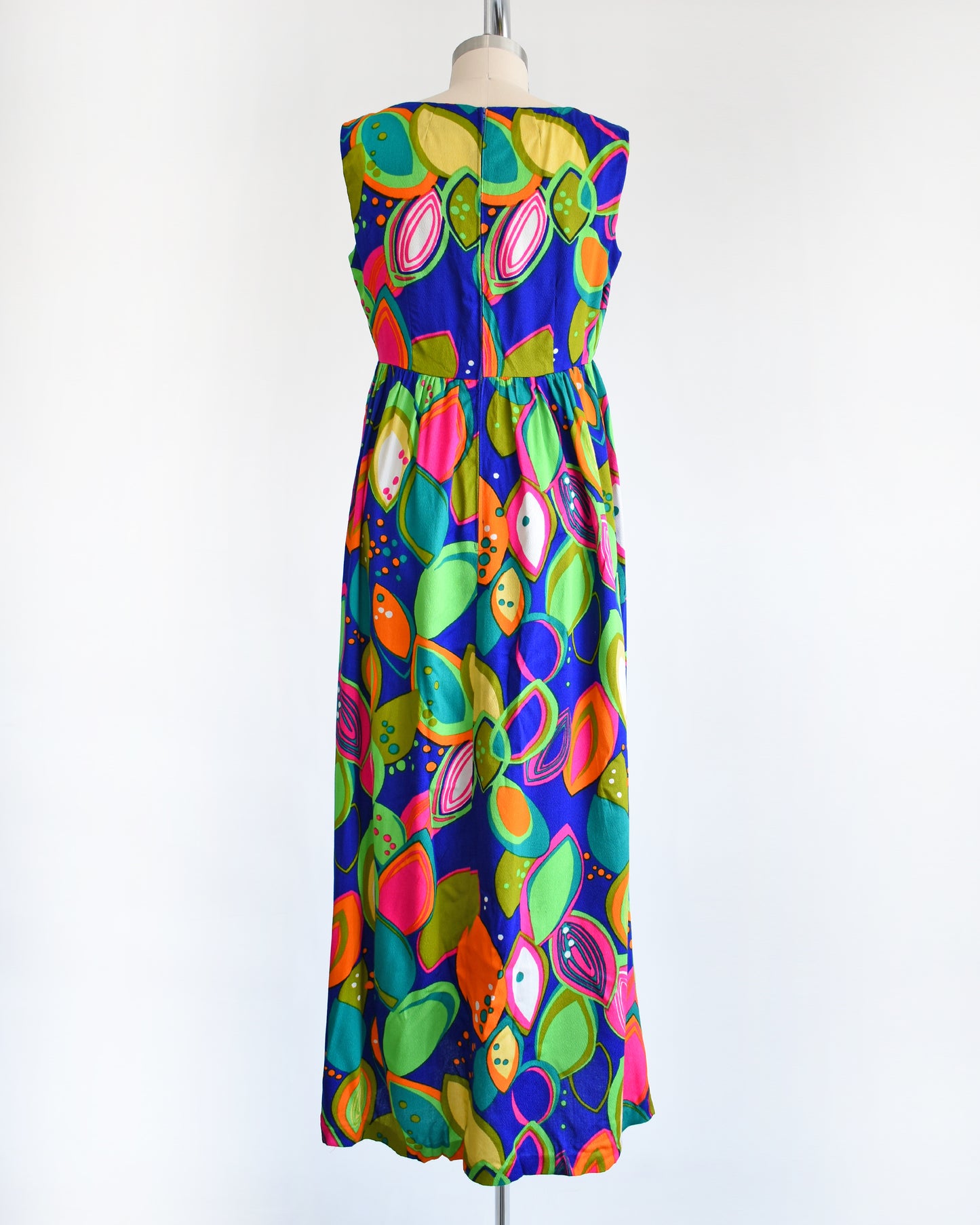 back view of a vintage 1970s psychedelic maxi dress