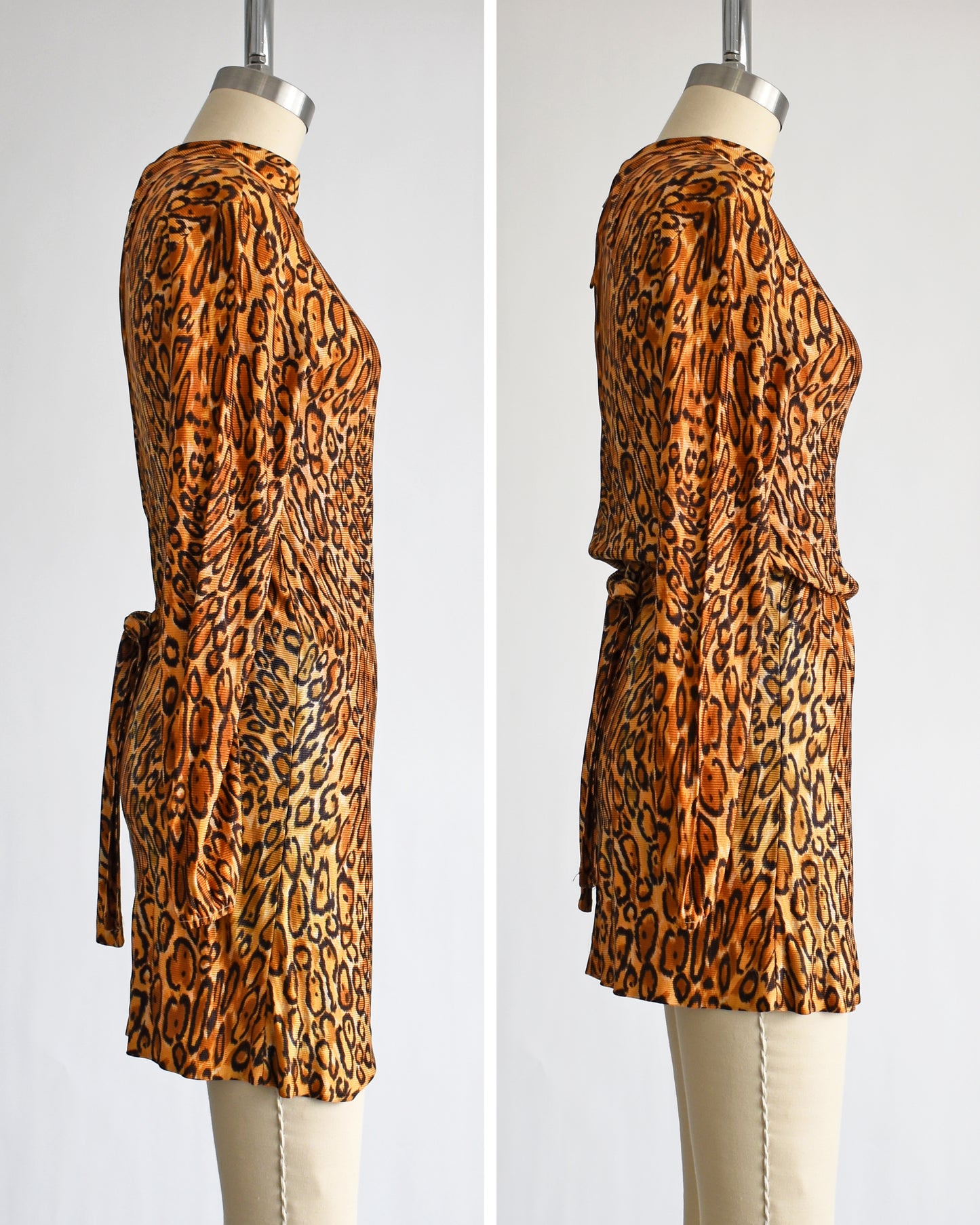side by side view of a vintage 1960s leopard print mini dress. the dress on the right is pulled up via the elastic waist