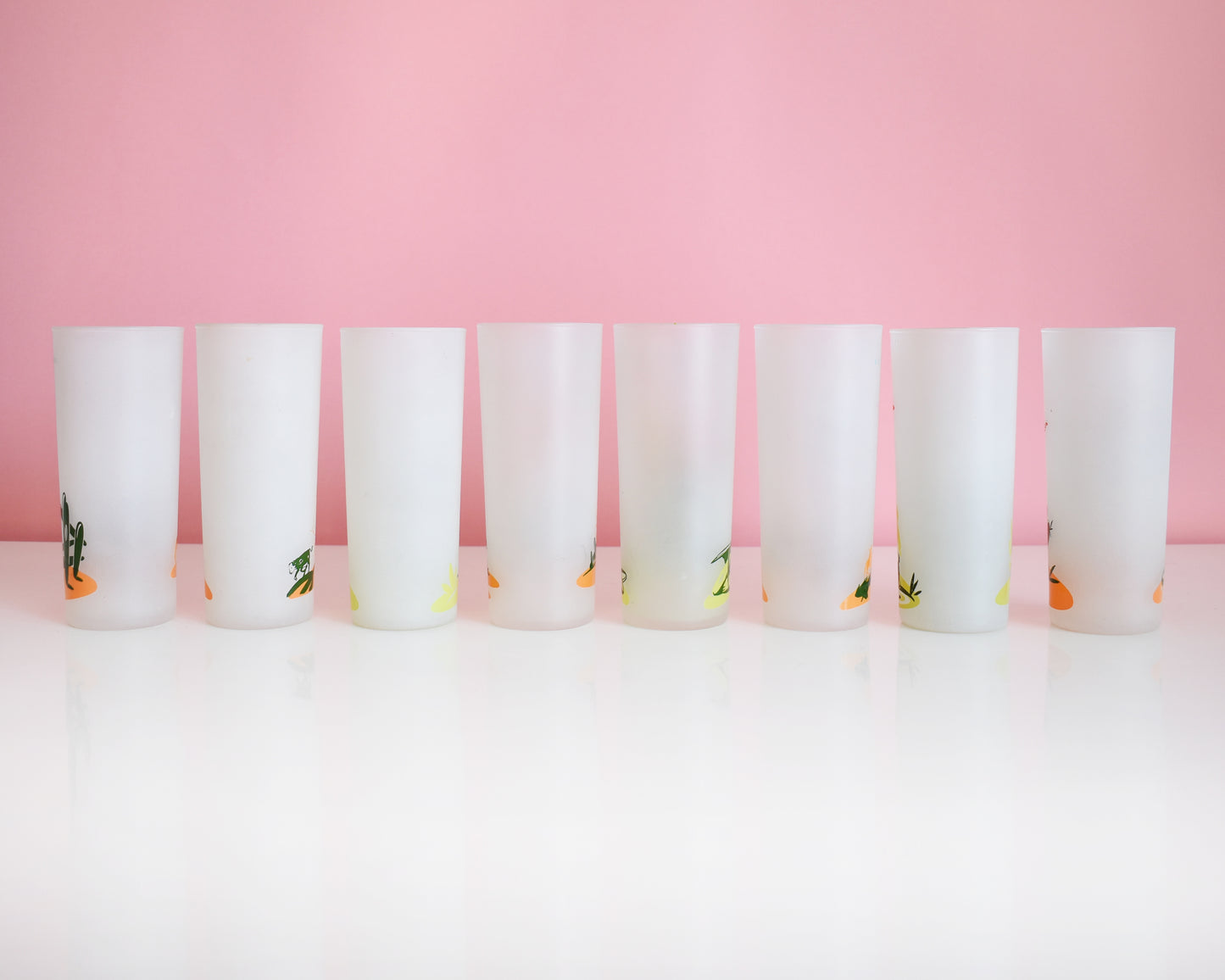 Back view of a set of 8 vintage glasses that each have a cactus or plant that is native to Arizona