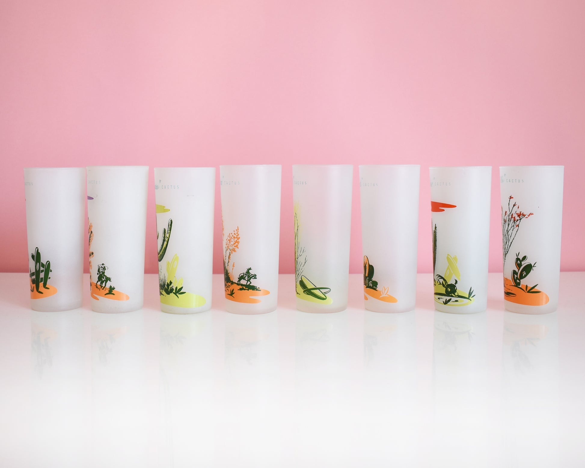 Side view of a set of 8 vintage glasses that each have a cactus or plant that is native to Arizona