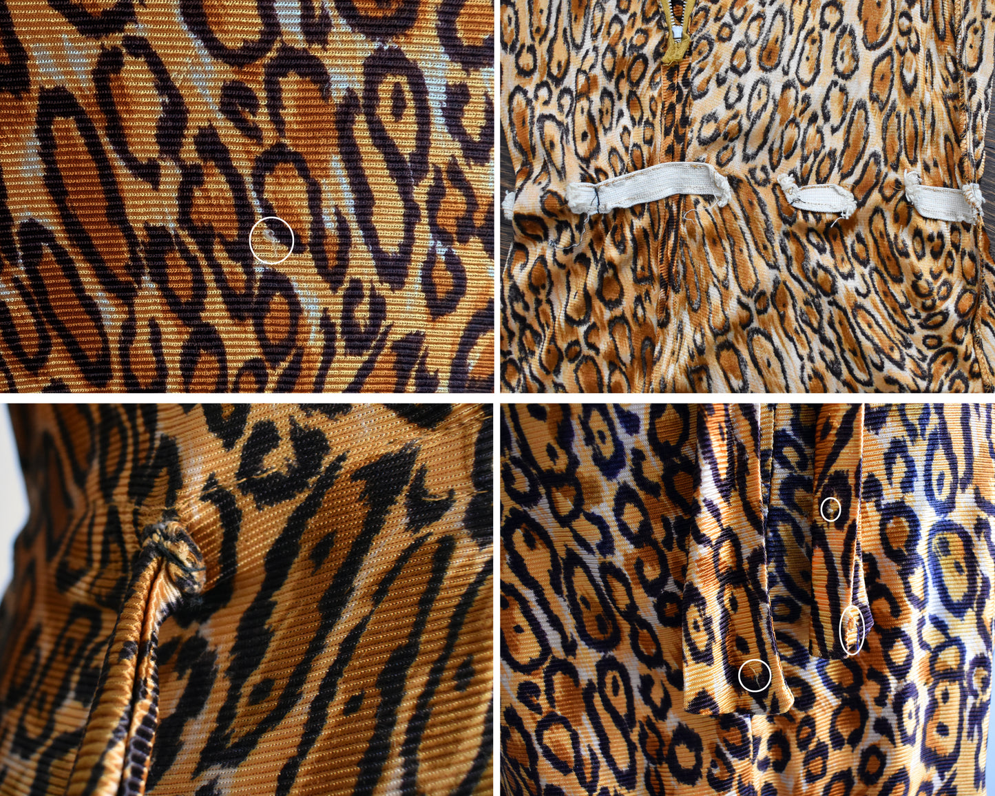 a photo collage of a few flaws which include a pull on the bodice, breaks in the elastic on the inside, close up of the sewn in ties, and a few pulls on the ties.