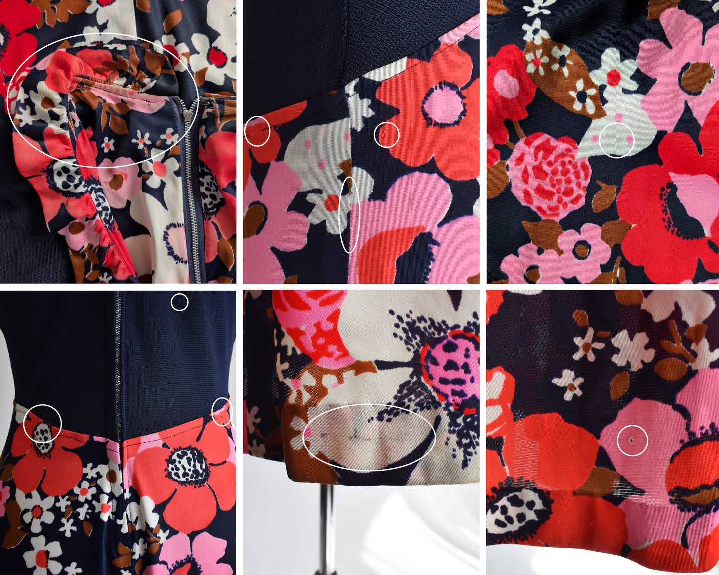 a photo collage of flaws on the dress which includes some discolorations in the fabric, some snags, and some seam breaks