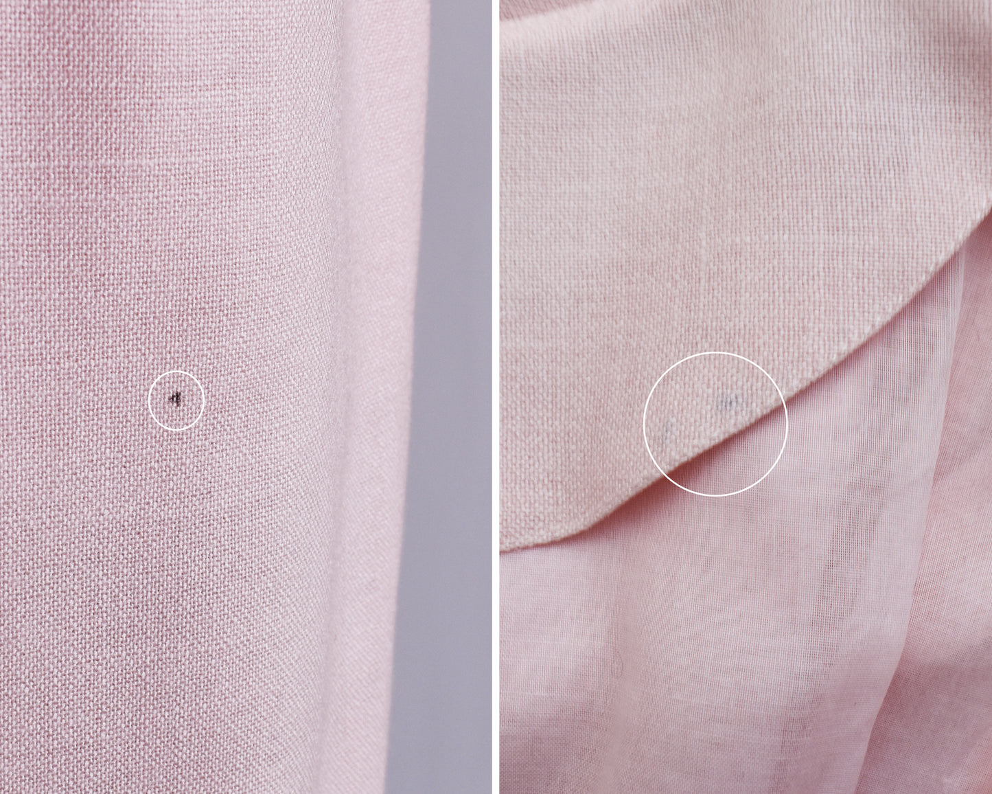 close up of small flaws which include a black spot on the skit and a blue spot on the inside collar