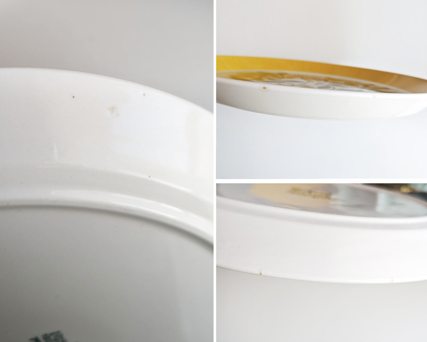 A photo collage of small flaws on the plates which may be small factory flaws or chips in the ceramic