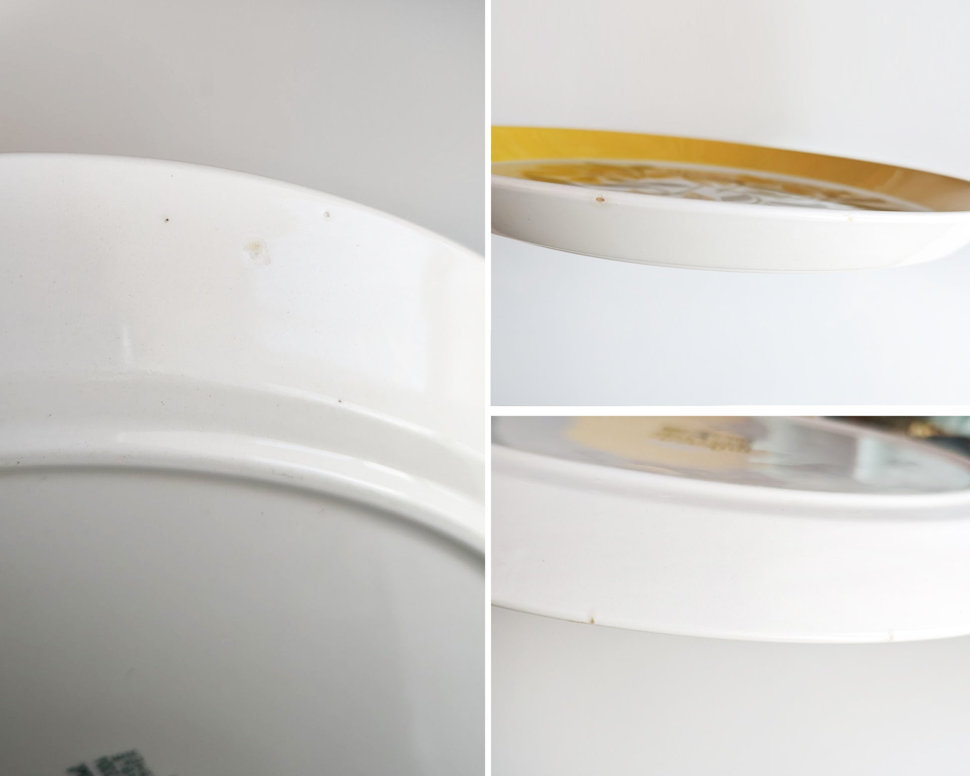 A photo collage of small flaws on the plates which may be small factory flaws or chips in the ceramic