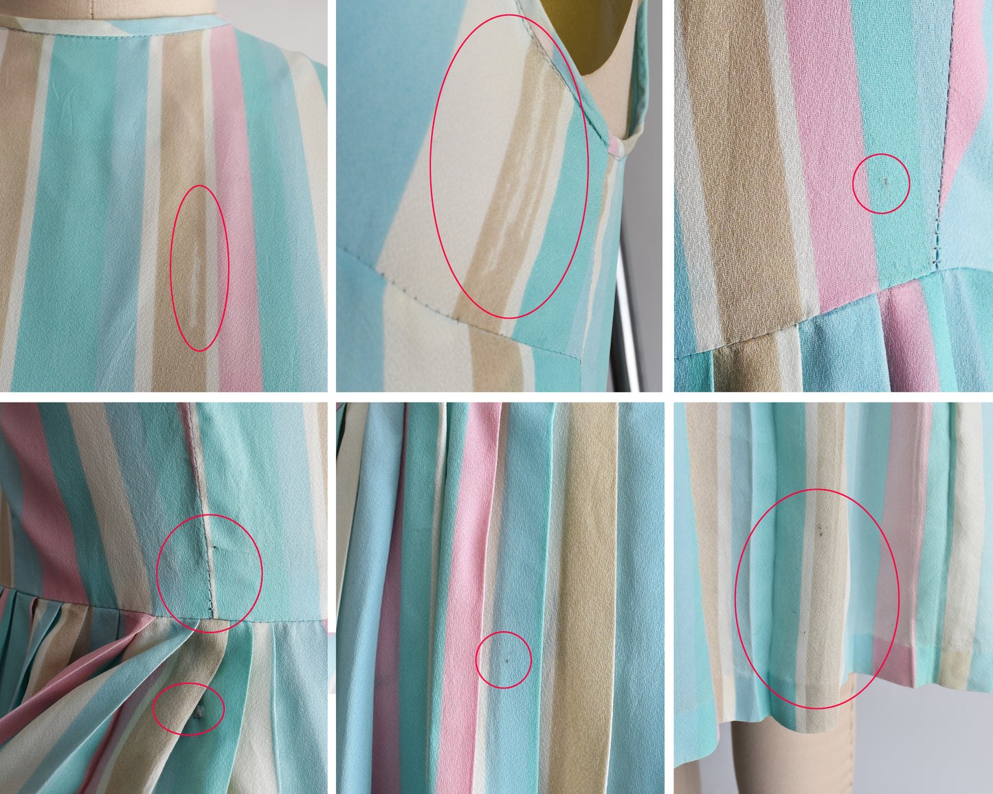 a photo collage of small flaws on the dress which are a fabric color flaw, some small pinholes, and a few scattered dark marks on the skirt