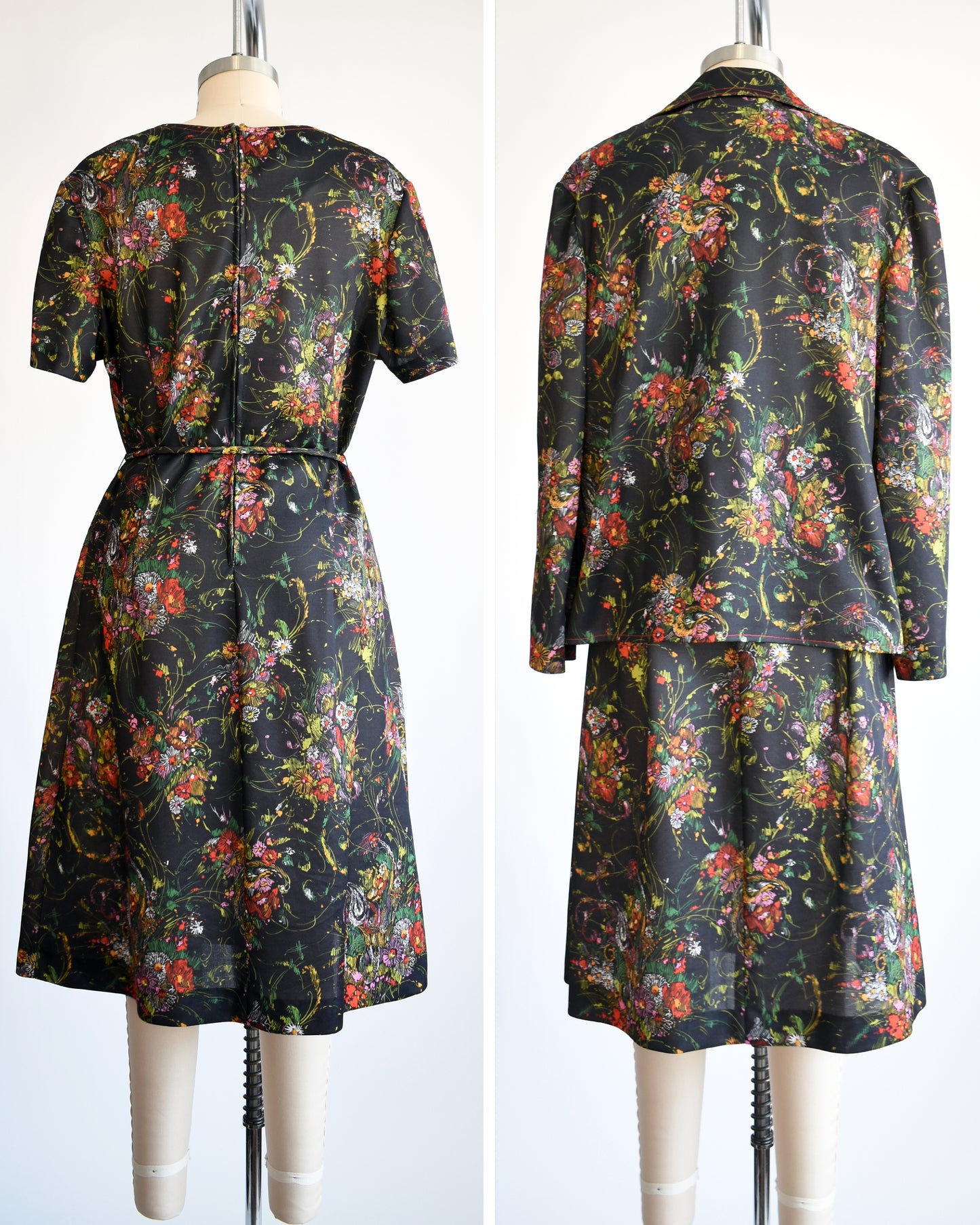 back views of a vintage 1970s black floral dress set that comes with a dress, a matching top, and belt