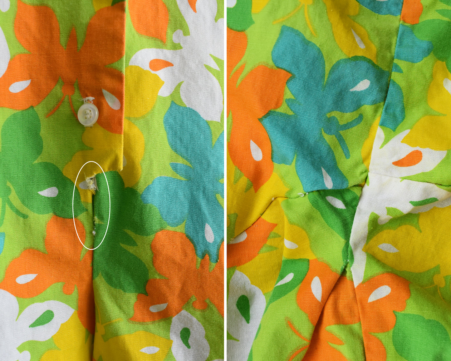close up of some fraying on the front under the buttons and some seam repair in the crotch area