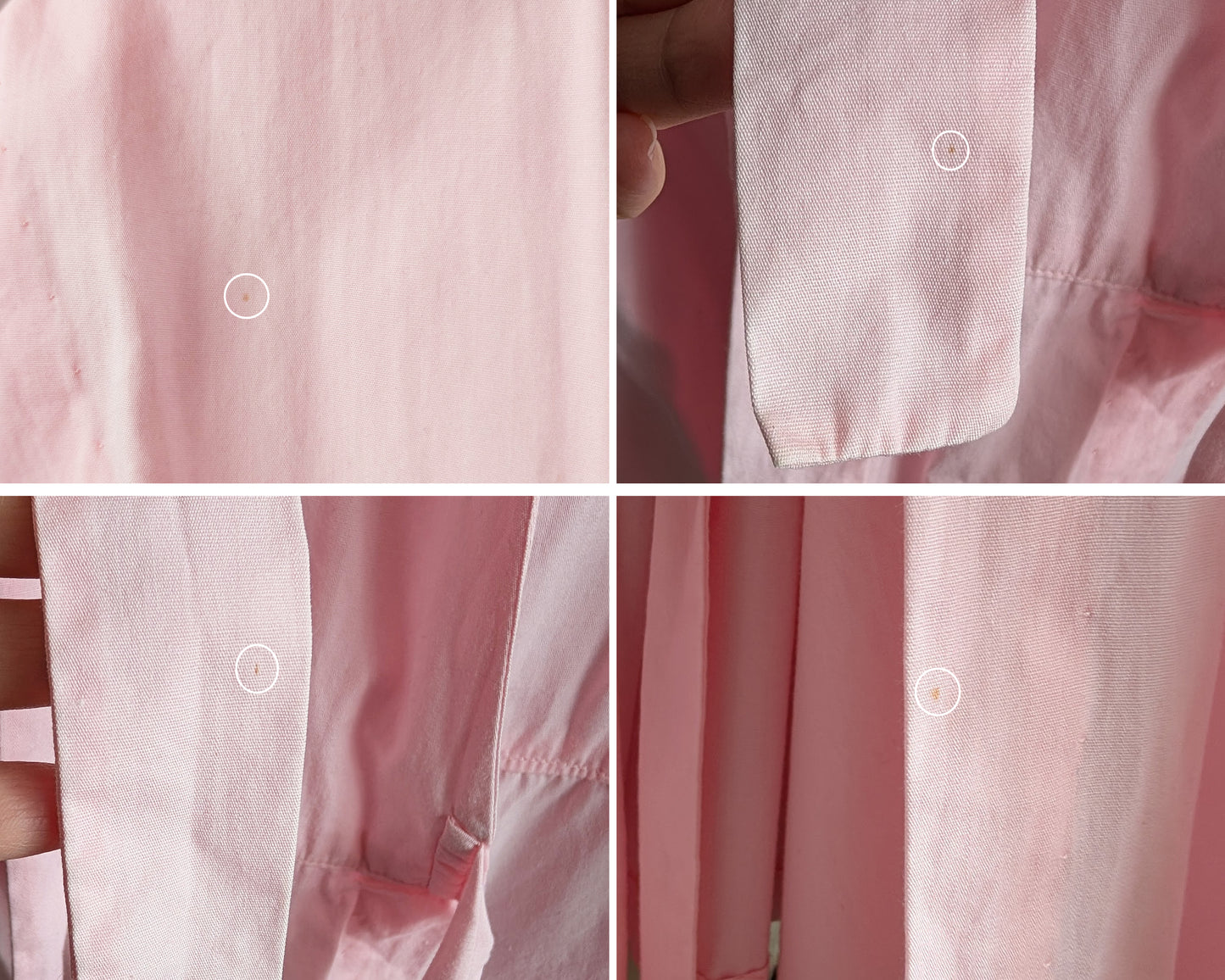 a photo collage of small flaws which show a few small dark orange spots on the dress