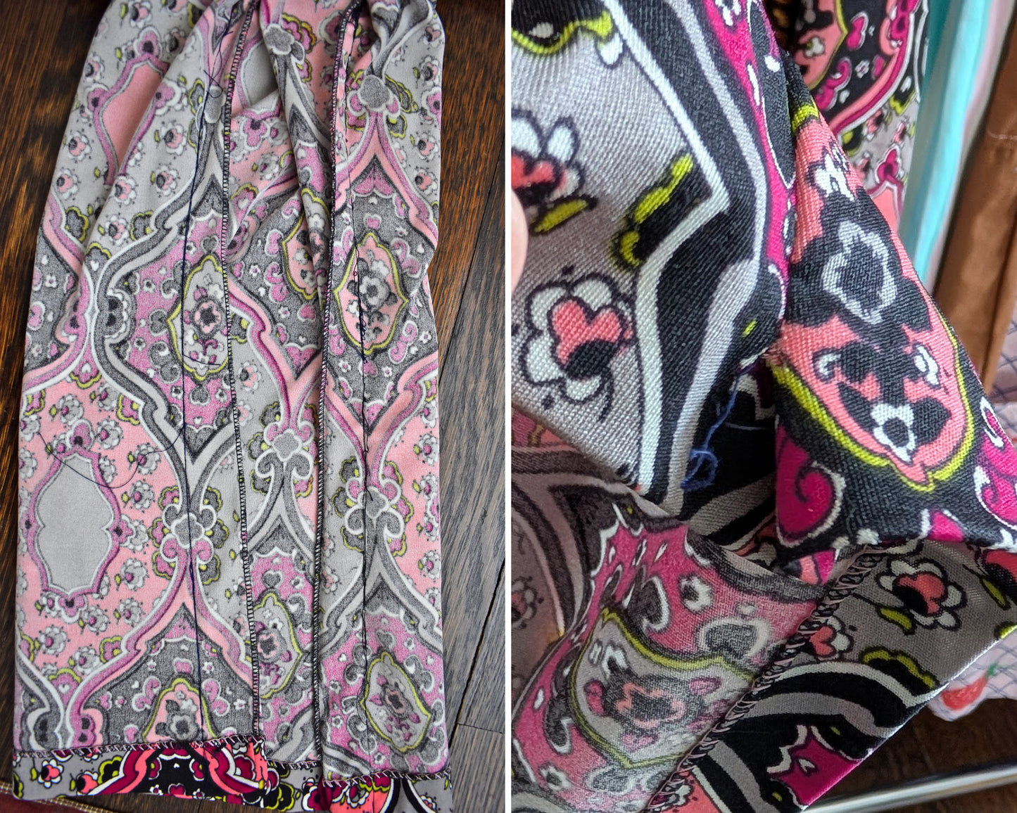 side by side photo collage showing how the side seams were taken in by the previous owner