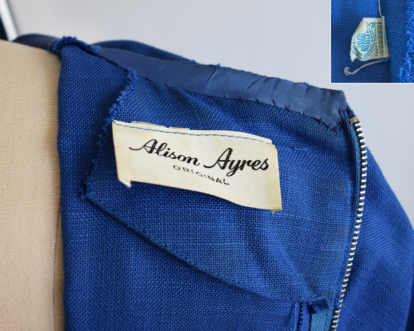 close up of the tag which says Alison Ayers Original and a 1955-1963 ILGWU tag