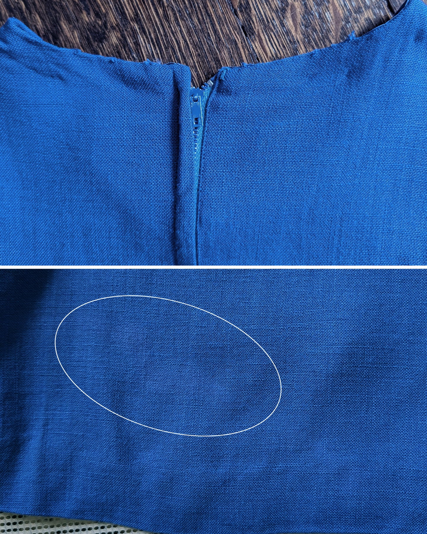 a photo collage of small flaws which included some wear to the back of the collar and a light mark on the front skirt towards the hem