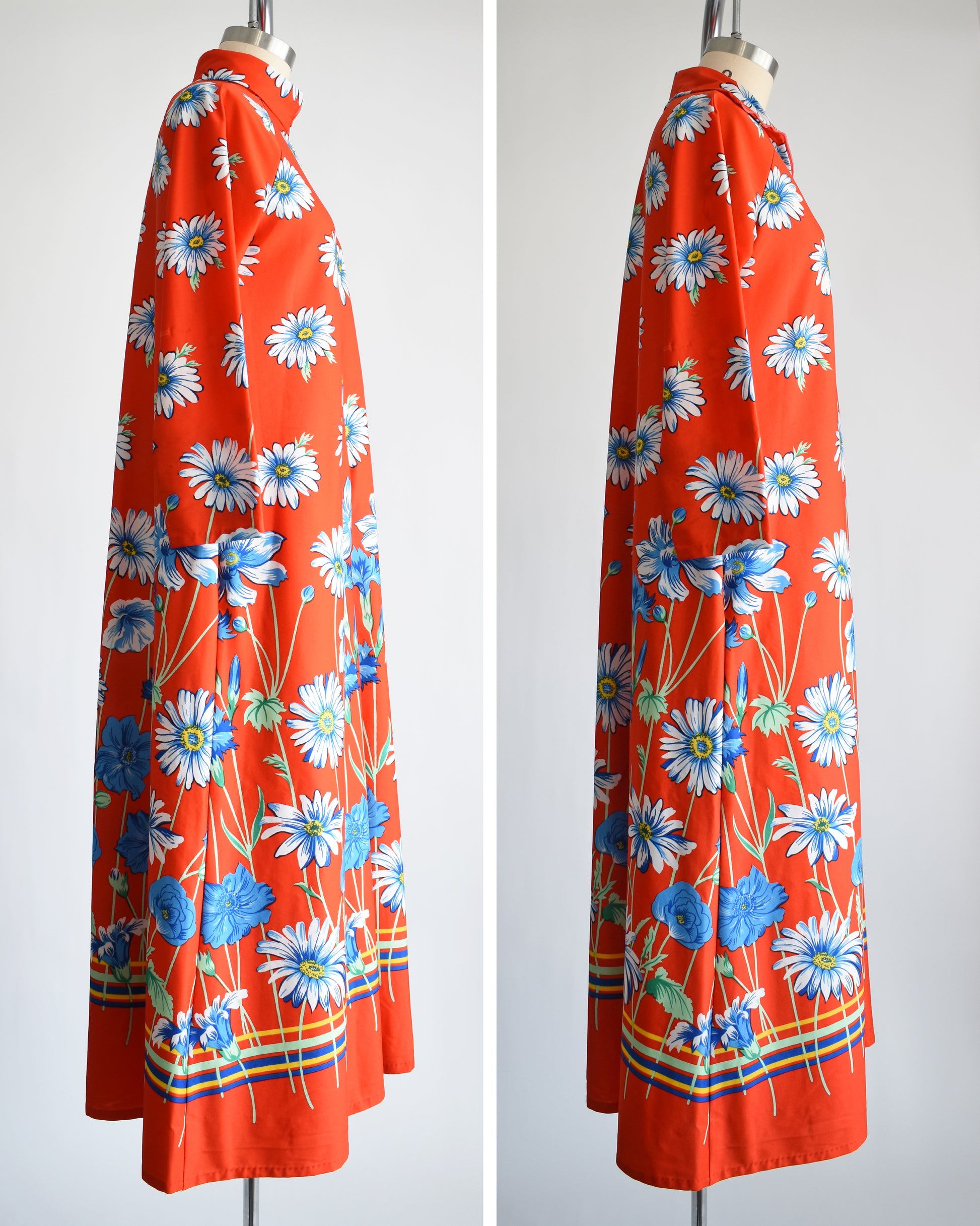 Side by side views of a vintage 1970s red floral lounge dress. The dress is zipped up all the way on the left photo