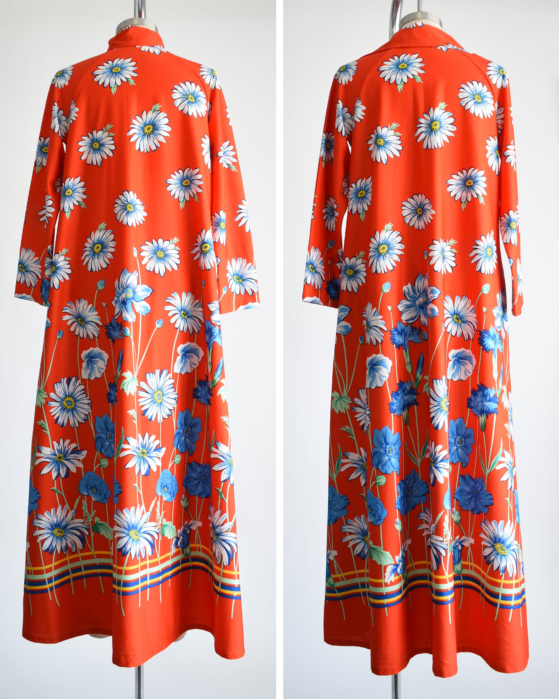 Side by side views of a vintage 1970s red floral lounge dress. The dress is zipped up all the way on the left photo