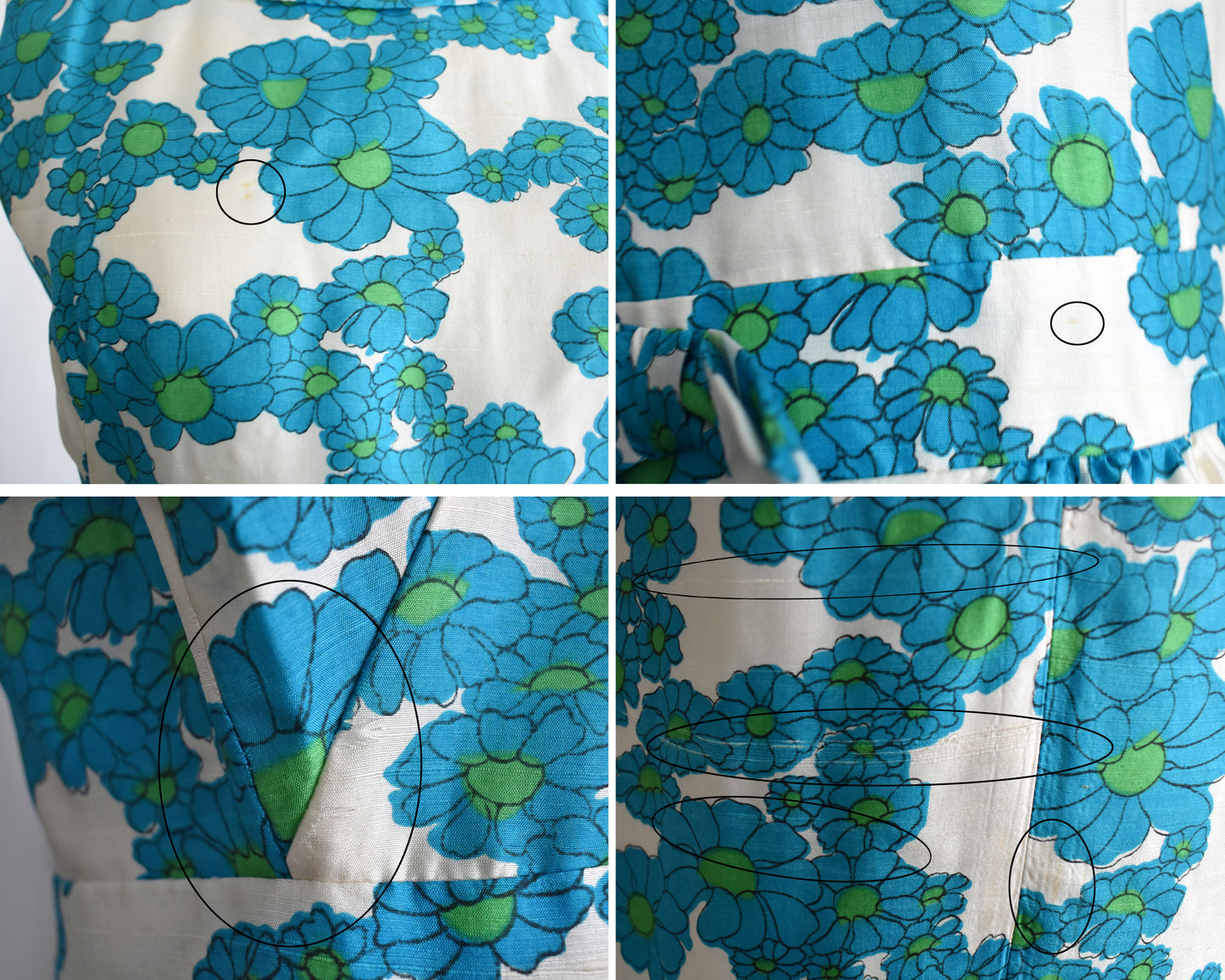 a photo collage that shows some small flaws on the dress which include a few dark marks, some small fabric tears, and some silk slubs.