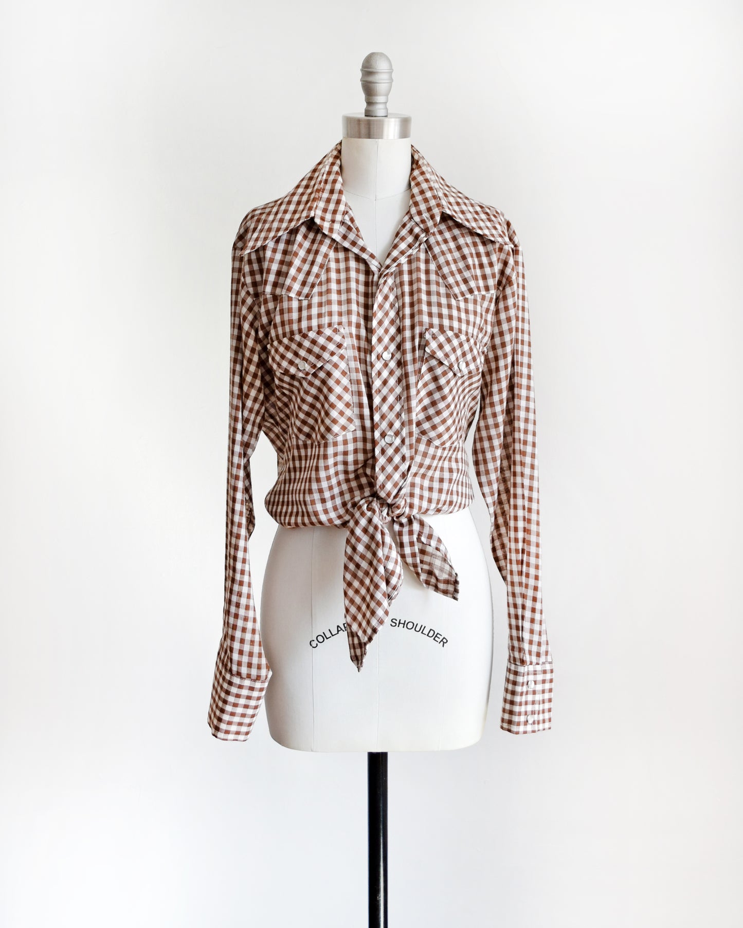 a vintage 1970s brown and white gingham pearl snap shirt that's tied at the bottom