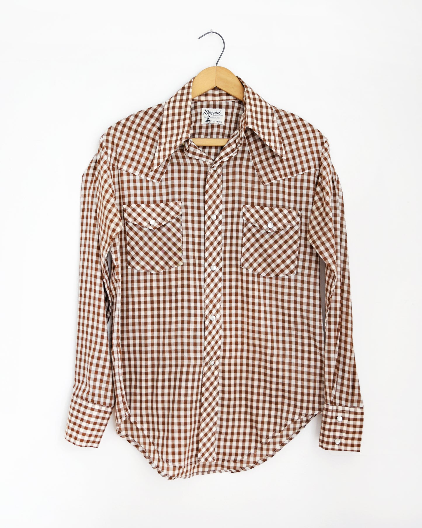 a vintage 1970s brown and white gingham pearl snap shirt on a hanger