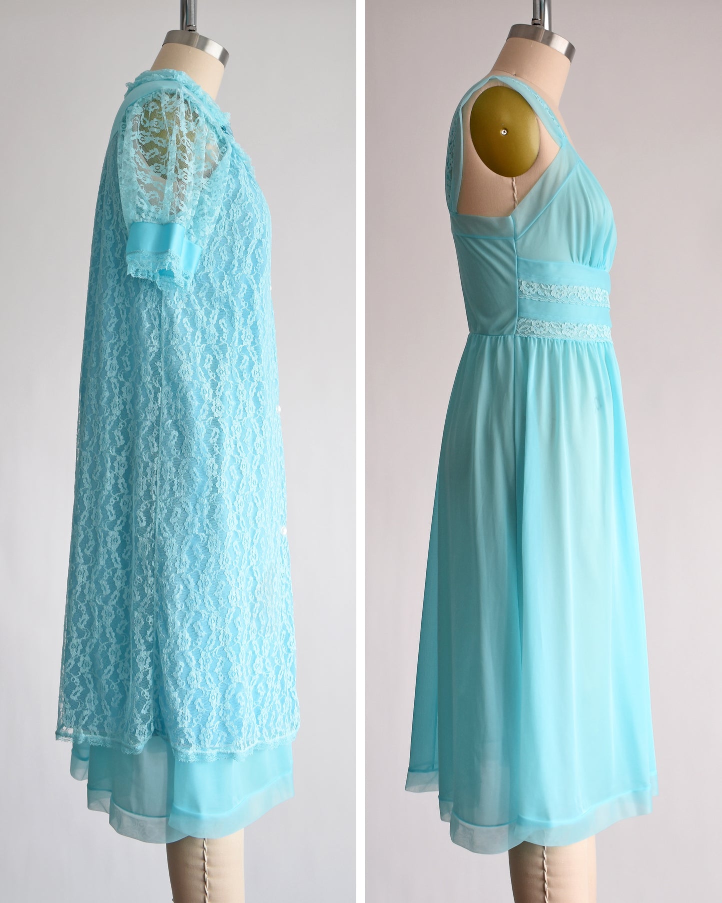 Side by side views of a A vintage 1960s aqua blue peignoir set that comes with a lace robe and matching nightgown. The left shows the robe and the right only shows the nightgown