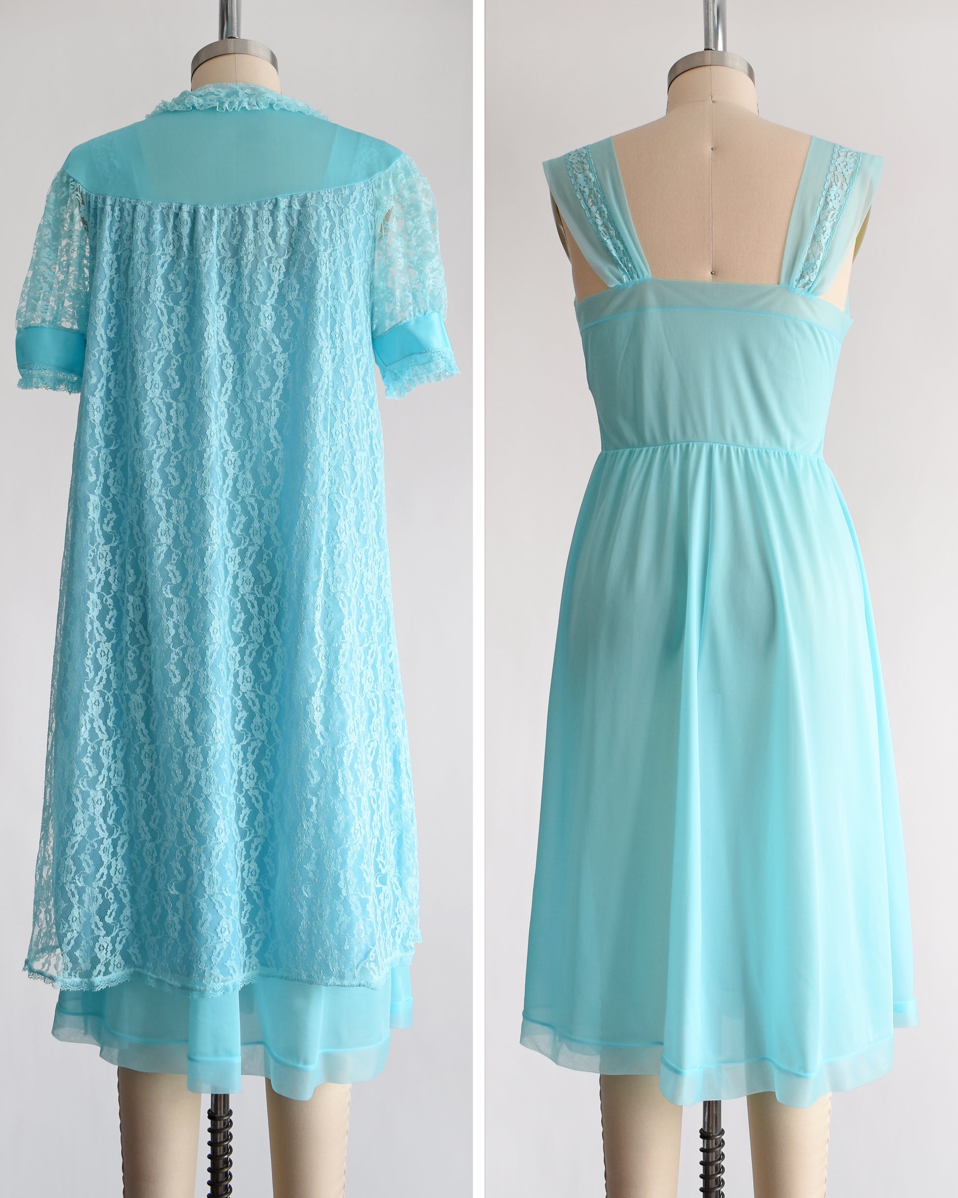 Side by back views of a A vintage 1960s aqua blue peignoir set that comes with a lace robe and matching nightgown. The left shows the robe and the right only shows the nightgown