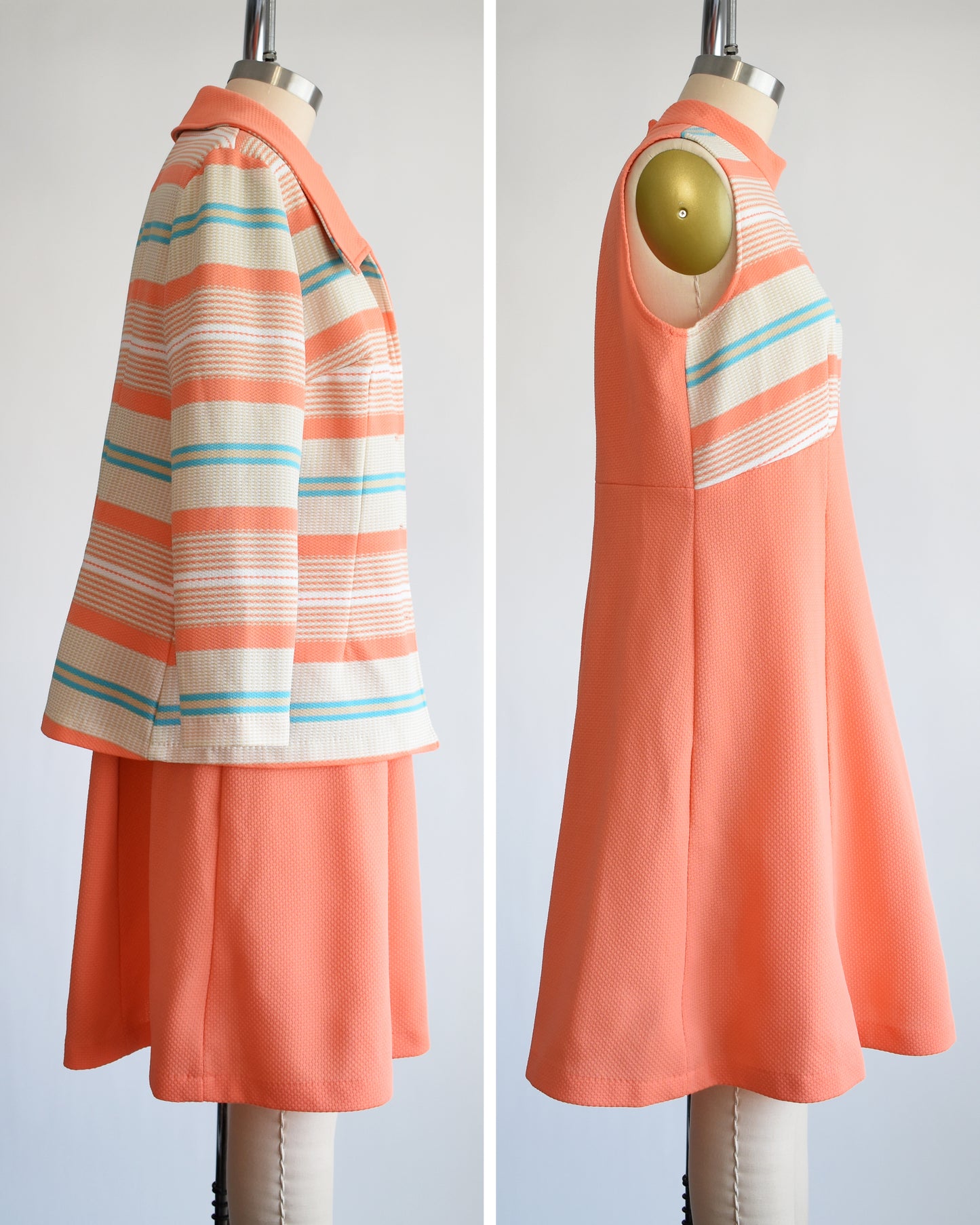 Side by side view of the side of a vintage 1970s peach and blue mod dress set. The left shows the set with the jacket and the right photo shows only the dress