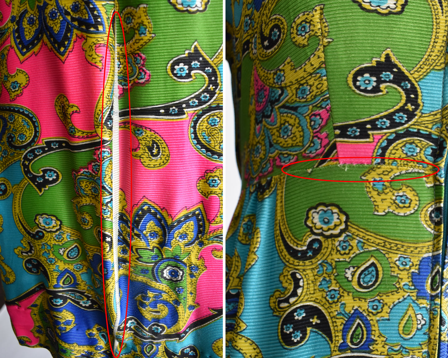 side by side view of small flaws on a the dress which include some small pulls in the fabric on the right side of the waist seam, and a fabric printing flaw towards the hem