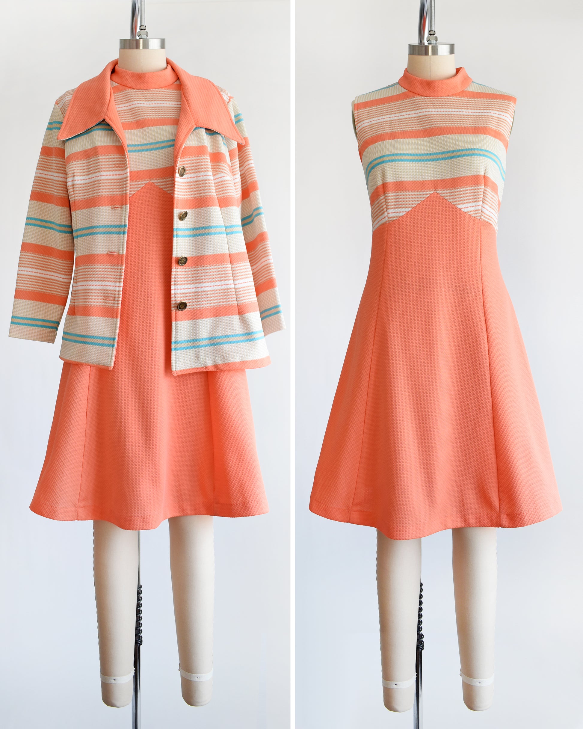 A vintage 1970s peach and blue mod dress set. This set comes with a peach, tan, blue, and white horizontal striped jacket and matching dress.