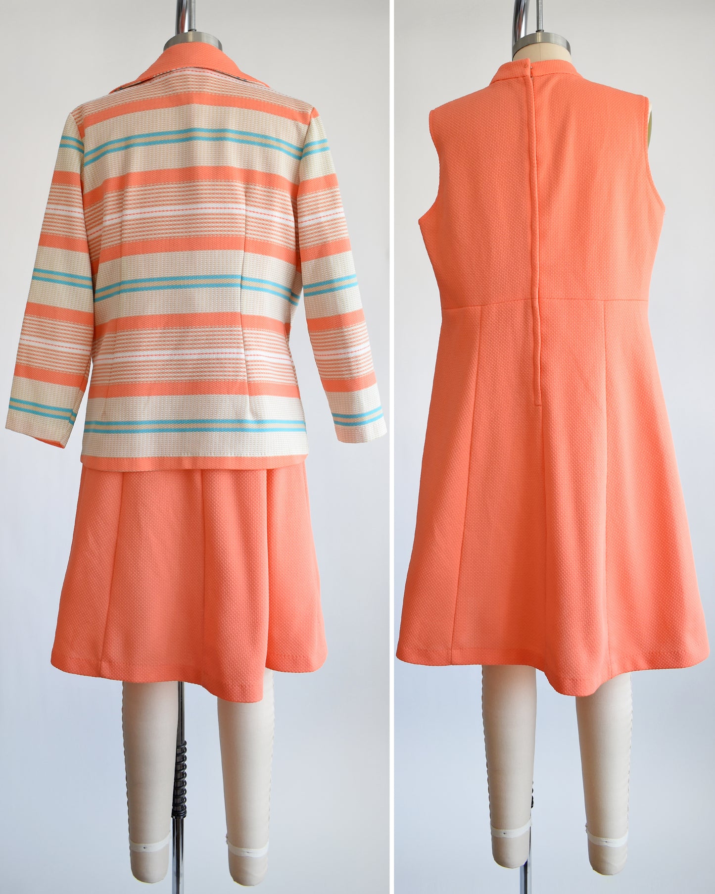 Side by side view of the back of a vintage 1970s peach and blue mod dress set. The left shows the set with the jacket and the right photo shows only the dress