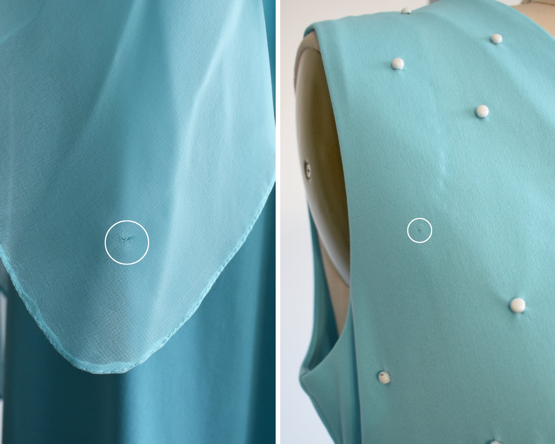 Close up of some small flaws which include a small hole on the chiffon cape on the right photo and on the left shows a bead that is missing.