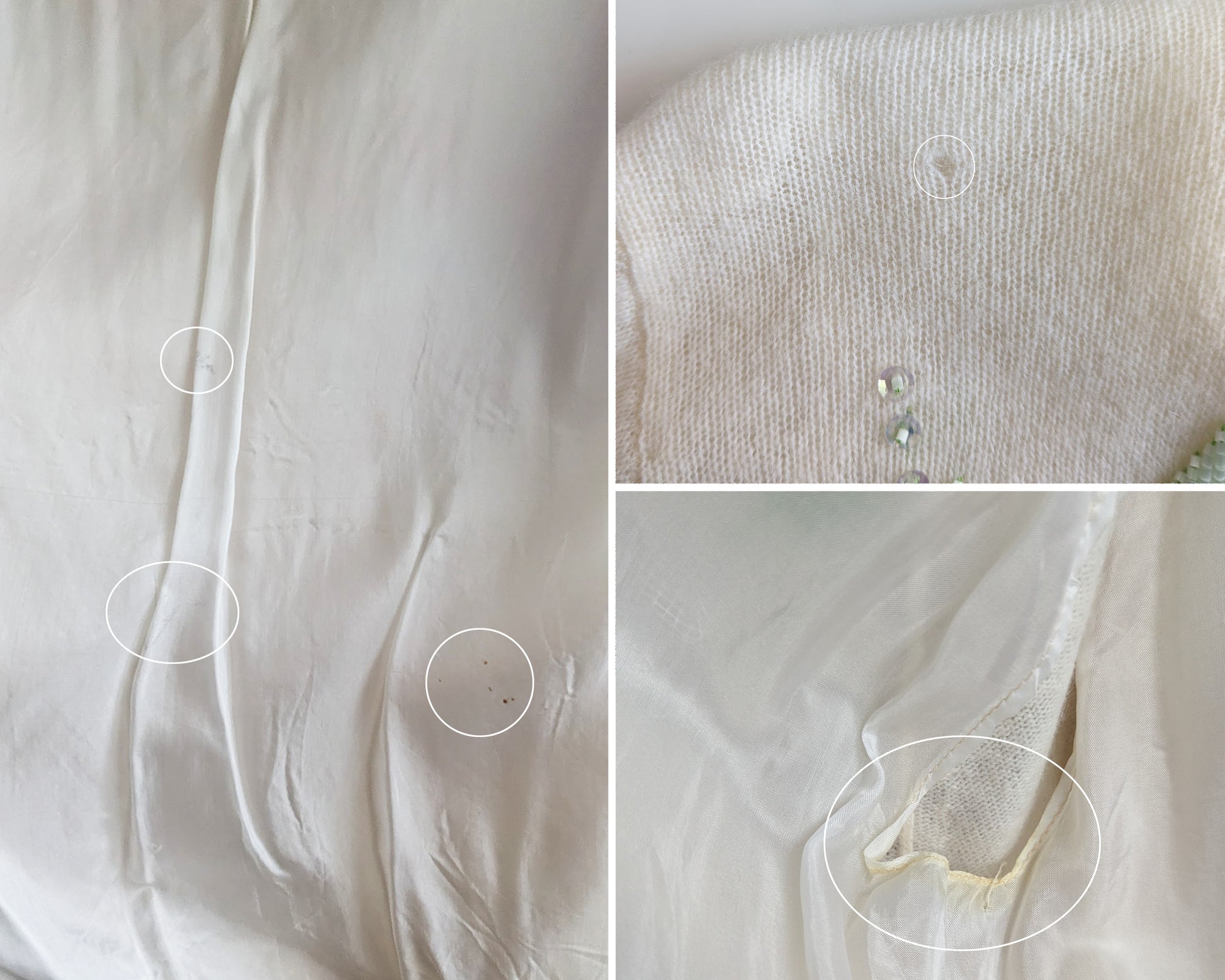 A photo collage of small flaws which include some spots on the inside lining, a small break in the knit on the right shoulder, and some underarm discoloring
