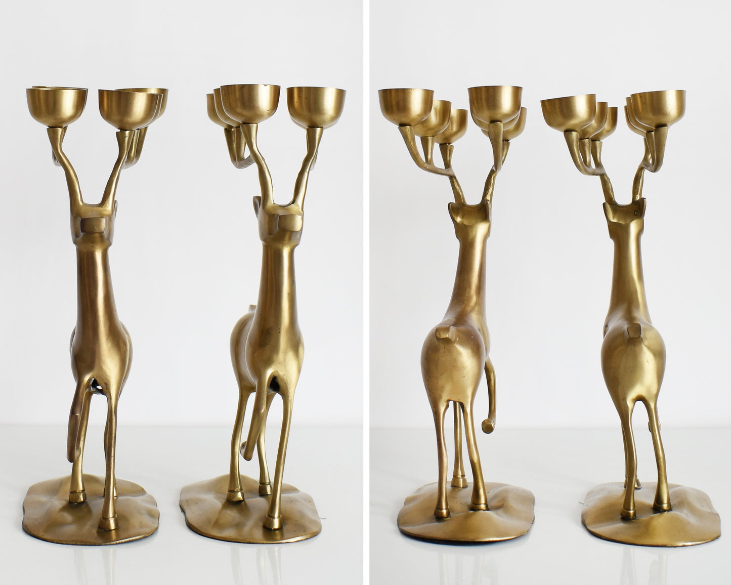 Side by side photos of the front and back views of a pair of large vintage brass deer candelabras that have six tea light candle holders on top of their antlers